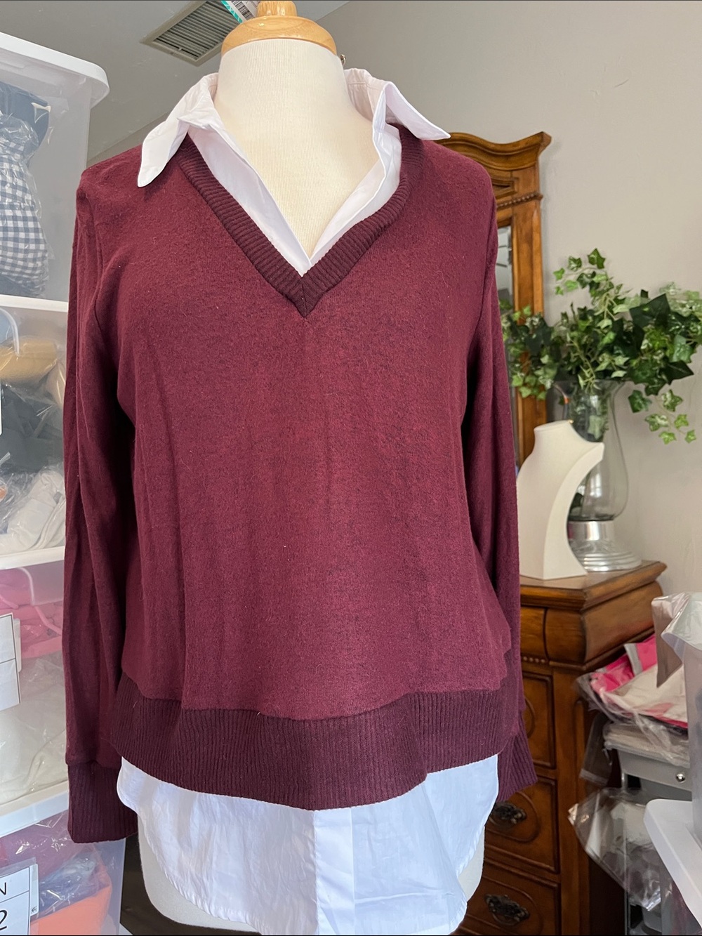 Layered V-Neck Sweater in Deep Burgundy